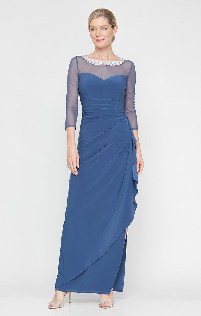 Long Matte Jersey Illusion 3/4 Sleeve Side Ruched Dress with Embellished Neckline