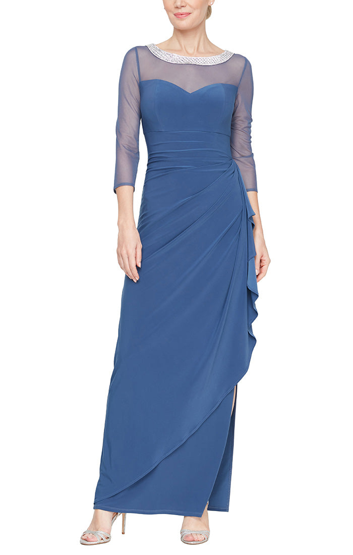 Long Matte Jersey Illusion 3/4 Sleeve Side Ruched Dress with Embellished Neckline