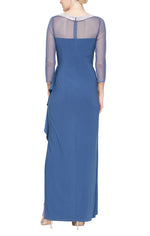 Petite Long Matte Jersey Illusion 3/4 Sleeve Side Ruched Dress with Embellished Neckline