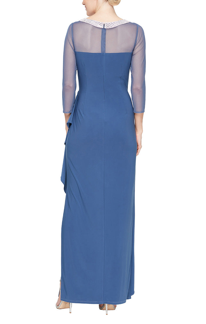 Long Matte Jersey Illusion 3/4 Sleeve Side Ruched Dress with Embellished Neckline