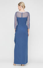 Long Matte Jersey Illusion 3/4 Sleeve Side Ruched Dress with Embellished Neckline