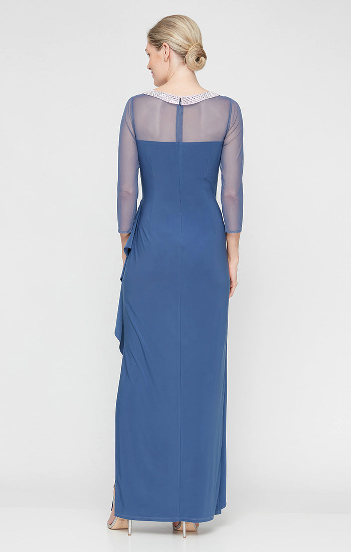 Long Matte Jersey Illusion 3/4 Sleeve Side Ruched Dress with Embellished Neckline