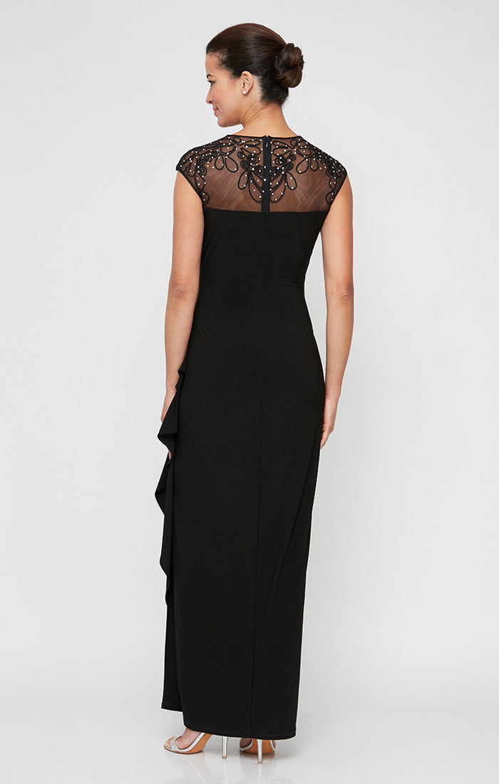 Petite Long Empire Waist Jersey Dress With Embellished and Embroidered Illusion Neckline/Back Detail and Cascade Detail Skirt