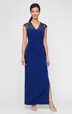 Long Empire Waist Dress with Embellished and Embroidered Illusion Neckline/Back Detail and Cascade Detail Skirt