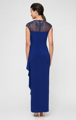 Long Empire Waist Dress with Embellished and Embroidered Illusion Neckline/Back Detail and Cascade Detail Skirt