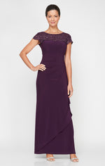 Empire Waist Dress with Cascade Detail Skirt and Embroidered Illusion Neckline