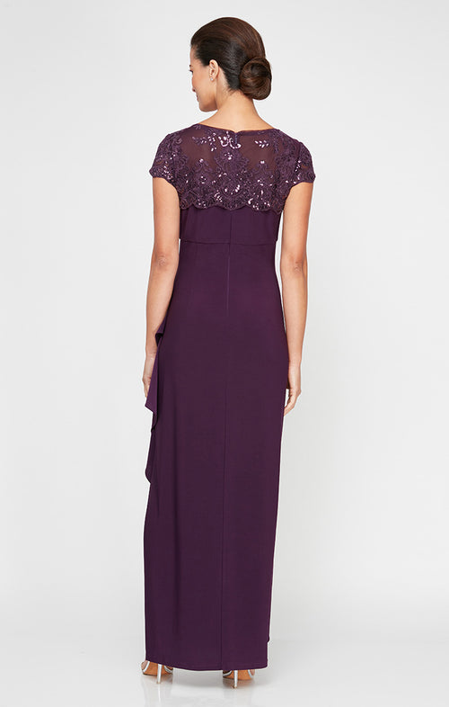 Empire Waist Dress with Cascade Detail Skirt and Embroidered Illusion Neckline