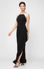 Petite - Sleeveless Jersey Gown with Embroidered Shoulder Detail