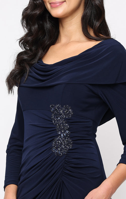 Long Matte Jersey Dress with Cowl Front, Embellished Ruched Waist and Cowl  Back Detail