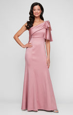 *Long One Shoulder Fit and Flare Dress with Embellished Bow Shoulder Detail