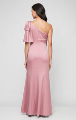 *Long One Shoulder Fit and Flare Dress with Embellished Bow Shoulder Detail