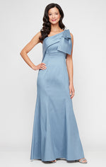 *Long One Shoulder Fit and Flare Dress with Embellished Bow Shoulder Detail