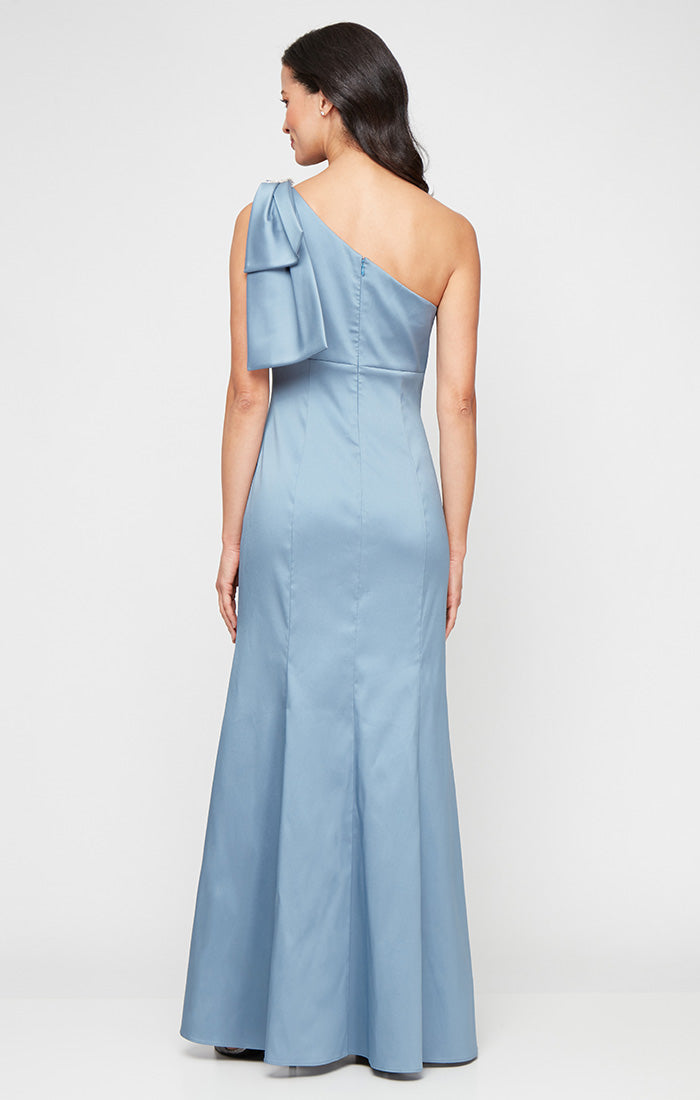 *Long One Shoulder Fit and Flare Dress with Embellished Bow Shoulder Detail