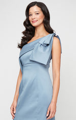 *Long One Shoulder Fit and Flare Dress with Embellished Bow Shoulder Detail