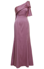 *Long One Shoulder Fit and Flare Dress with Embellished Bow Shoulder Detail