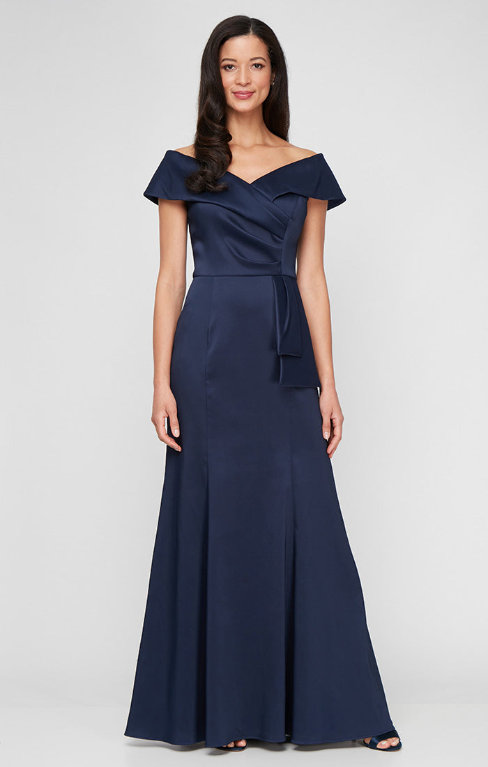 *Long Off the Shoulder Mikado Dress with Sash Waist Detail