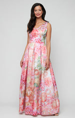 Petite Long Printed Mikado Dress with V-Neckline