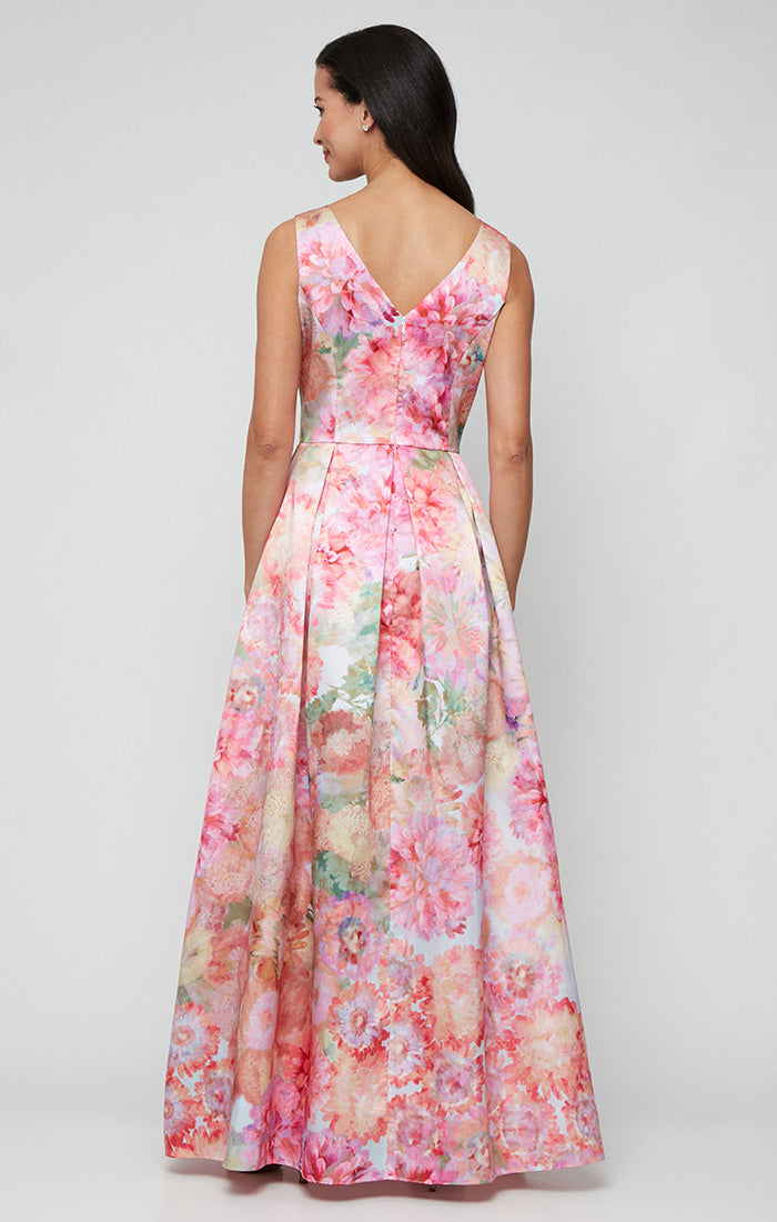 Petite Long Printed Mikado Dress with V-Neckline