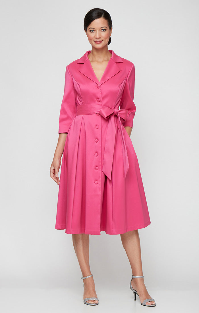 Midi Mikado A-Line Dress with Button Front Detail, Collar Neckline and Tie Belt