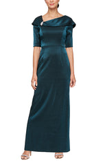 Long Shimmer Column Dress with Foldover Cuff L-Neckline and Elbow Sleeves