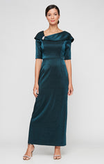 Long Shimmer Column Dress with Foldover Cuff L-Neckline and Elbow Sleeves