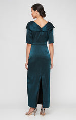 Long Shimmer Column Dress with Foldover Cuff L-Neckline and Elbow Sleeves