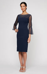 Sheath Crepe Dress with Embellished  Illusion Mesh Neckline and Bell Sleeves