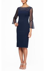 Petite Sheath Crepe Dress with Embellished Illusion Mesh Neckline & Bell Sleeves