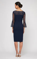 Sheath Crepe Dress with Embellished  Illusion Mesh Neckline and Bell Sleeves