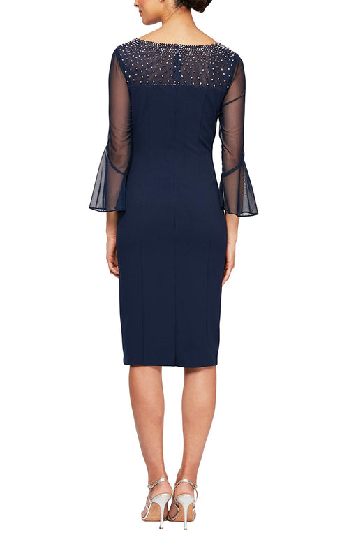 Petite Sheath Crepe Dress with Embellished Illusion Mesh Neckline & Bell Sleeves