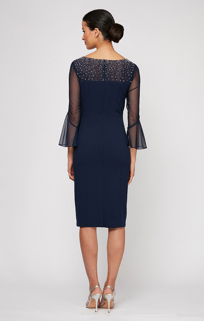 Sheath Crepe Dress with Embellished  Illusion Mesh Neckline and Bell Sleeves