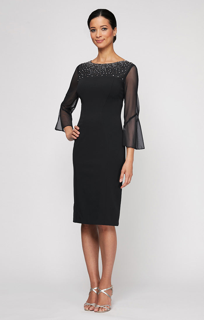 Sheath Crepe Dress with Embellished  Illusion Mesh Neckline and Bell Sleeves