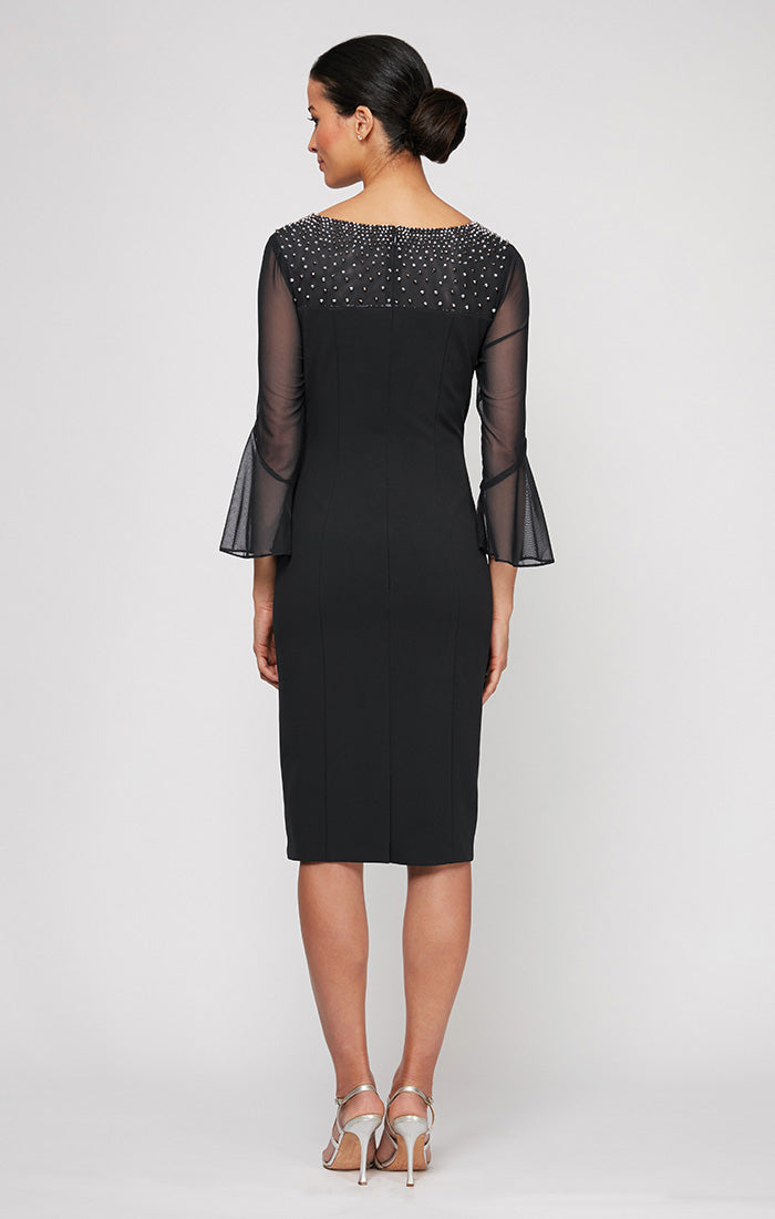 Sheath Crepe Dress with Embellished  Illusion Mesh Neckline and Bell Sleeves