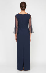 Long Column Stretch Crepe Gown with Heat Set Illusion Neckline & Bell Sleeves