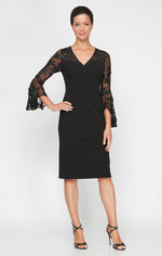 Short V-Neck Sheath Dress With Illusion Neckline and Cascade Bell Sleeves