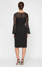 Short V-Neck Sheath Dress With Illusion Neckline and Cascade Bell Sleeves