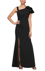 *Long Fit and Flare Crepe Dress with L-Neckline, Ruffle Shoulder Detail and Front Slit