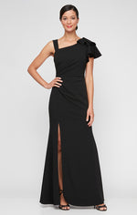 *Long Fit and Flare Crepe Dress with L-Neckline, Ruffle Shoulder Detail and Front Slit