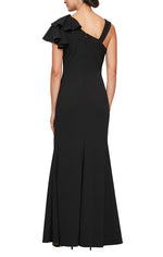 *Long Fit and Flare Crepe Dress with L-Neckline, Ruffle Shoulder Detail and Front Slit