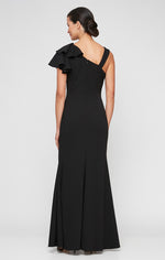 *Long Fit and Flare Crepe Dress with L-Neckline, Ruffle Shoulder Detail and Front Slit