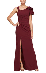 *Long Fit and Flare Crepe Dress with L-Neckline, Ruffle Shoulder Detail and Front Slit