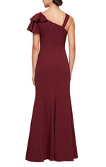 *Long Fit and Flare Crepe Dress with L-Neckline, Ruffle Shoulder Detail and Front Slit