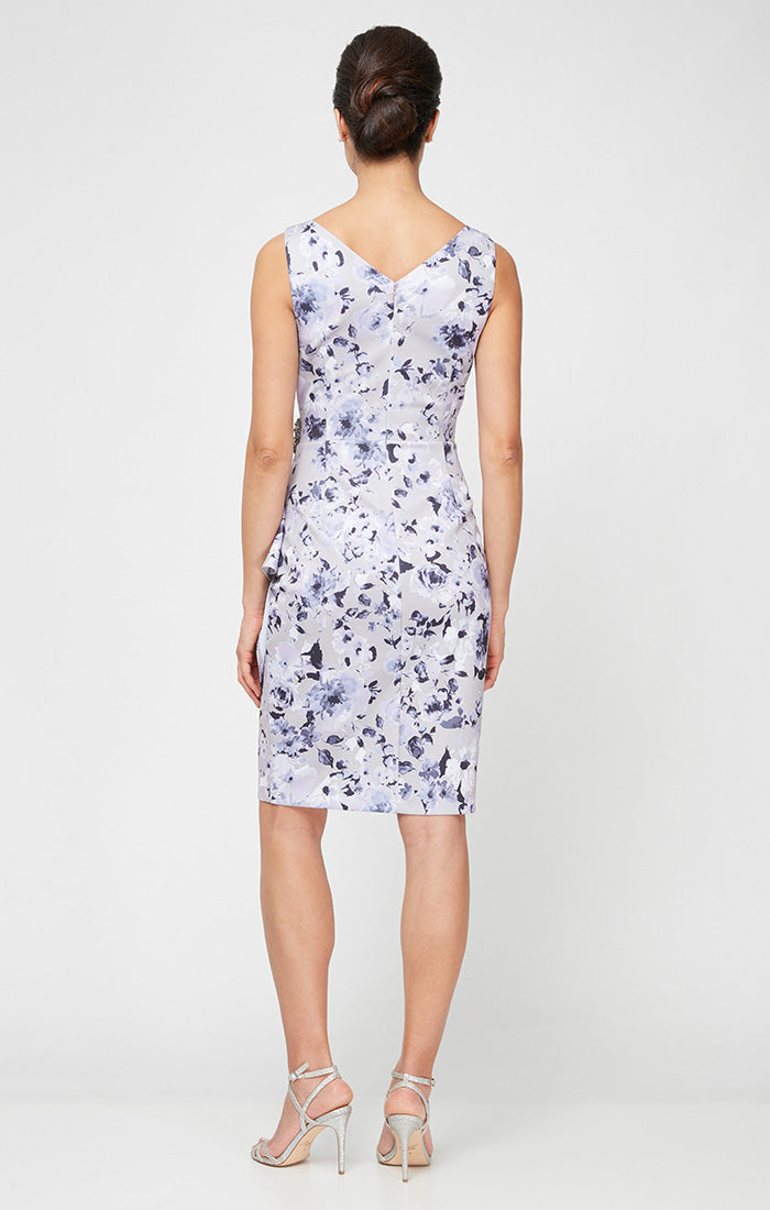 Floral Stretch Crepe Party Dress with Surplice Neckline & Embellishment at Hip