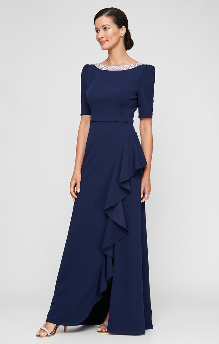 Long Embellished Neck Stretch Crepe Dress with Elbow Sleeves & Cascade Detail Skirt