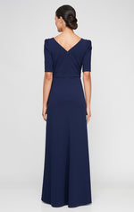 Long Embellished Neck Stretch Crepe Dress with Elbow Sleeves & Cascade Detail Skirt