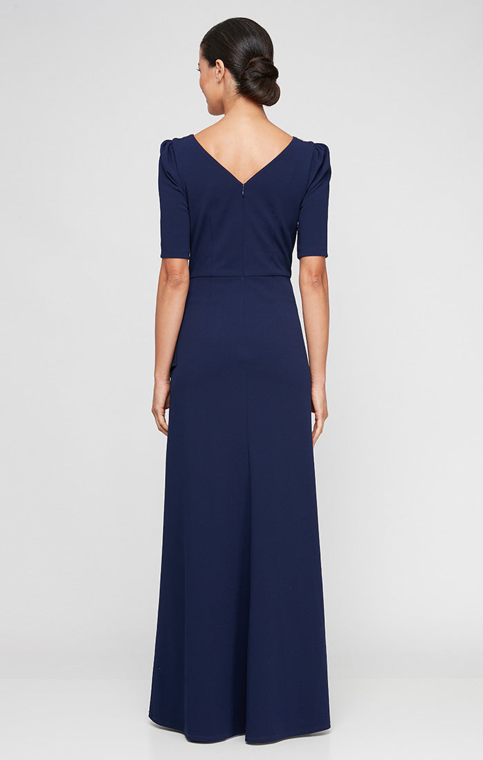 Long Embellished Neck Stretch Crepe Dress with Elbow Sleeves & Cascade Detail Skirt