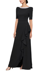 Petite Long Embellished Neck Dress with Elbow Sleeves and Cascade Detail Skirt