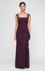 Petite Long Sleeveless Square Neck Crepe Gown with Heatset Illusion Neckline & Cascade Ruffle Skirt