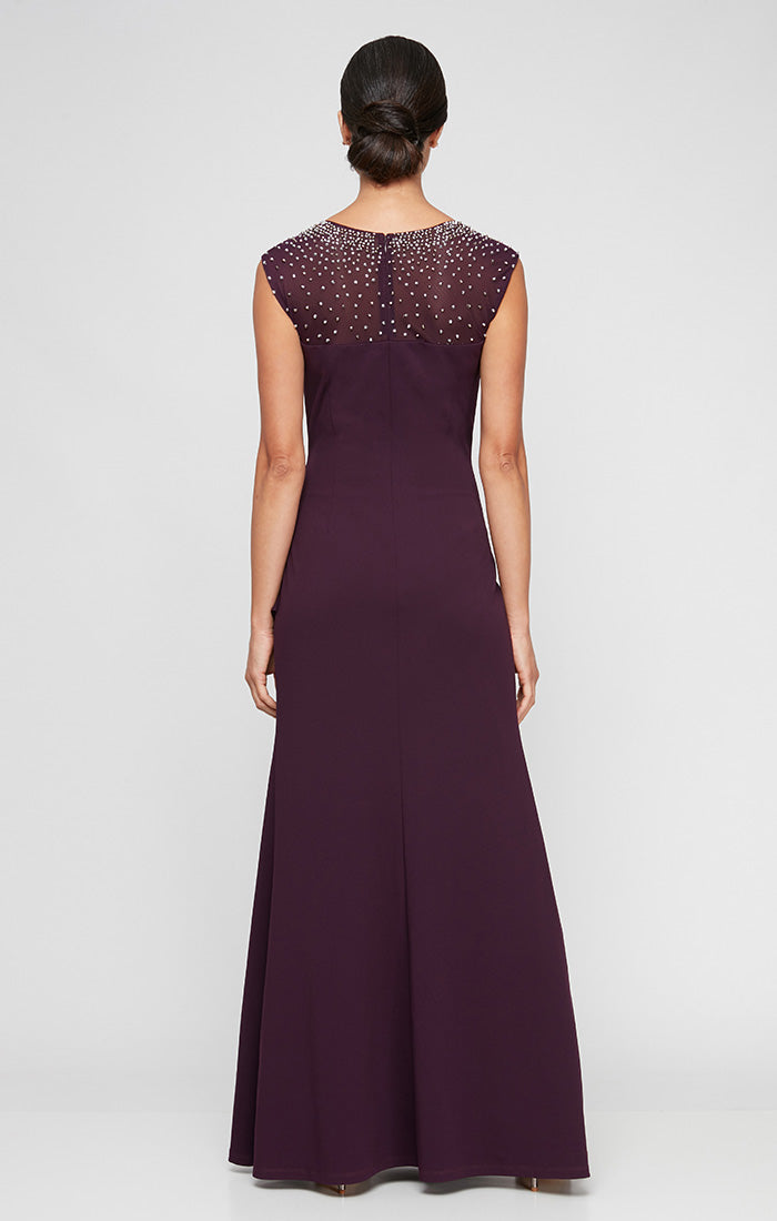 Petite Long Sleeveless Square Neck Crepe Gown with Heatset Illusion Neckline & Cascade Ruffle Skirt