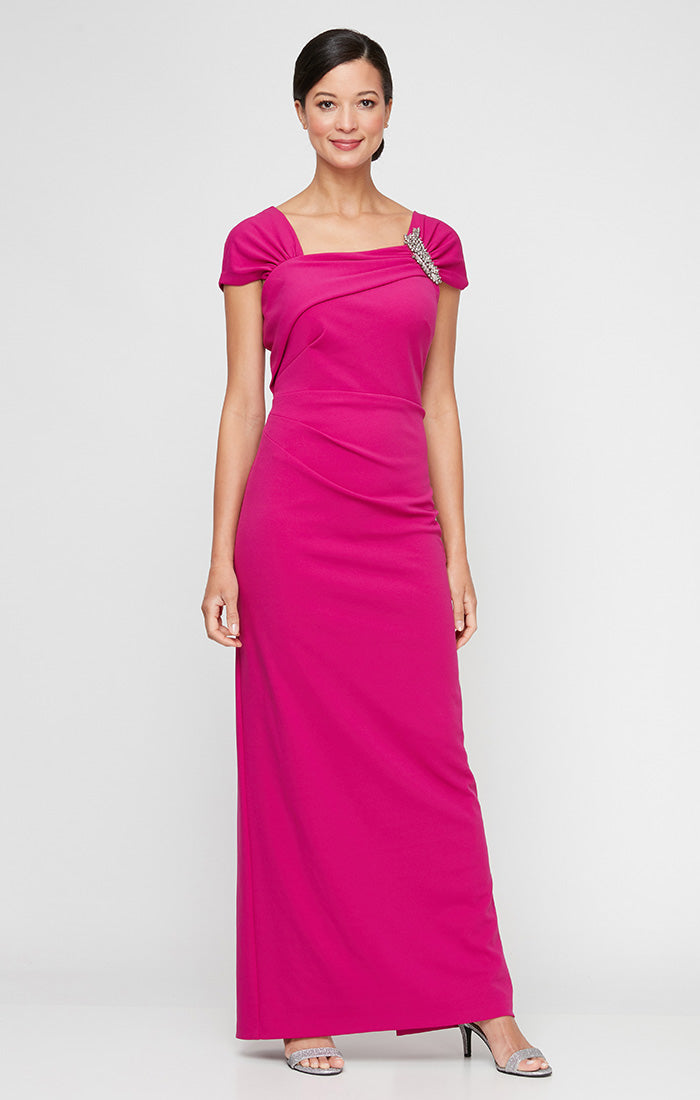 Petite Long Cap Sleeve Crepe Dress With Embellished Asymmetric Neckline